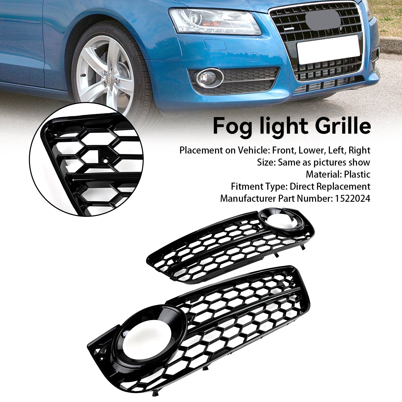 Audi 2007-2011 A5 Standart Style 1522024 Pair Honeycomb Front Fog Lamp Cover Grill