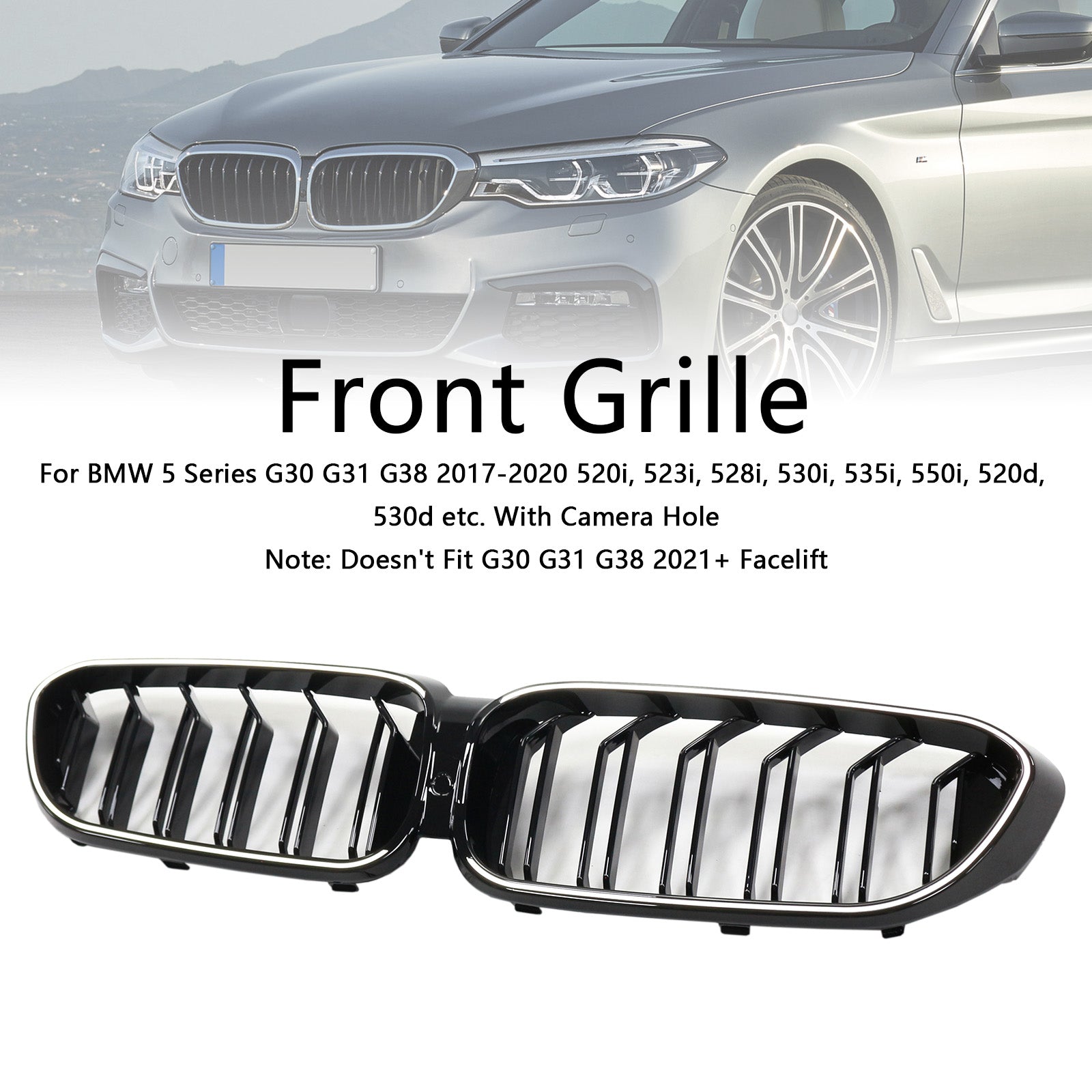 BMW 5 Series G30 G31 2017-2020 Front Kidney Black Grill Air Intake Radiator Double Slat Grille W/ LED Strip Light