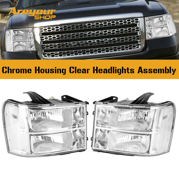 Chrome Housing Clear Headlights Assembly For GMC Sierra 1500 2500HD 3500HD 2007-2014