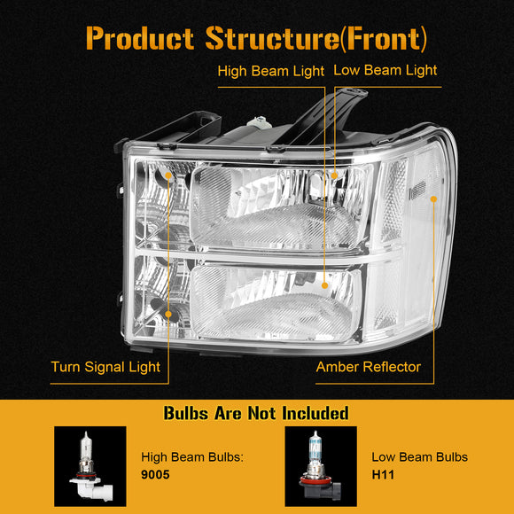 Chrome Housing Clear Headlights Assembly For GMC Sierra 1500 2500HD 3500HD 2007-2014