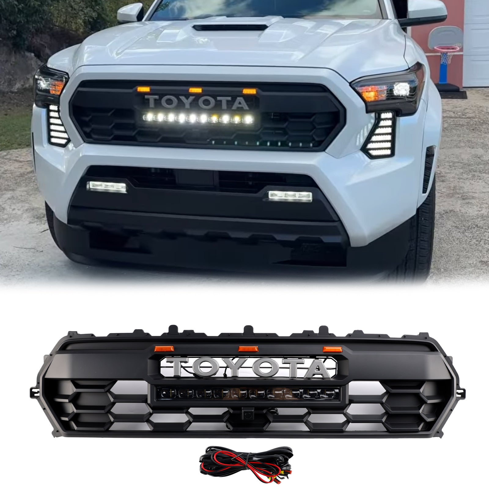 TRD PRO Style | Toyota Tacoma | 2024 | Matt Black Grill | Front Bumper Replcement Grille With Light Bar & LED W/ Letter