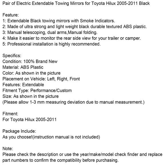Paire de rétroviseurs de remorquage extensibles électriques pour Toyota Hilux 2005-2011 noir