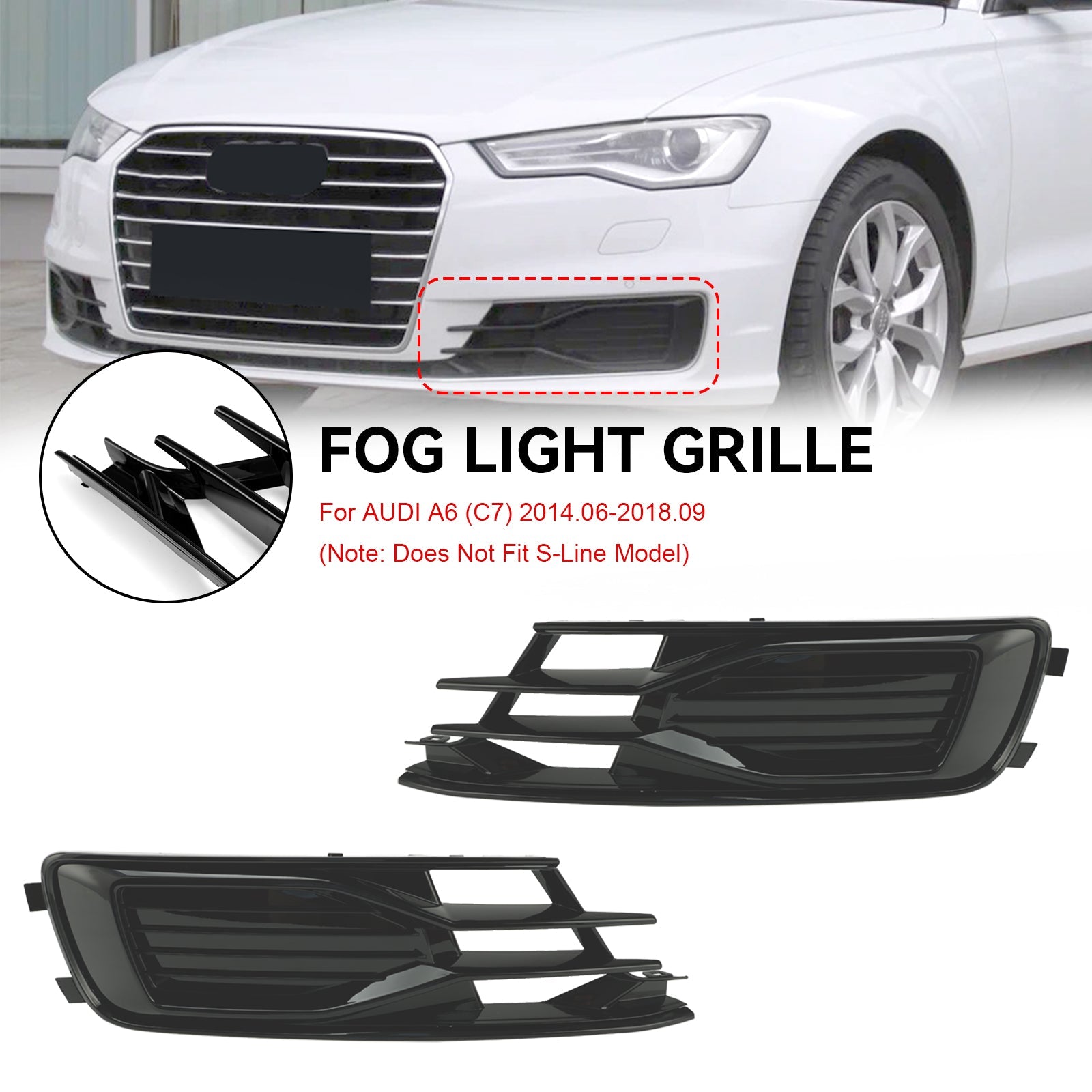 Audi 2014-2018 A6 C7 4G0807647T94 4G0807648T94 2PCS Front Bumper Foglight Cover Grill Grille Black