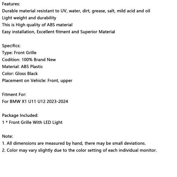 Grade preta brilhante para-choque dianteiro, grade de rim adequada para BMW X1 U11 U12 2023-2024