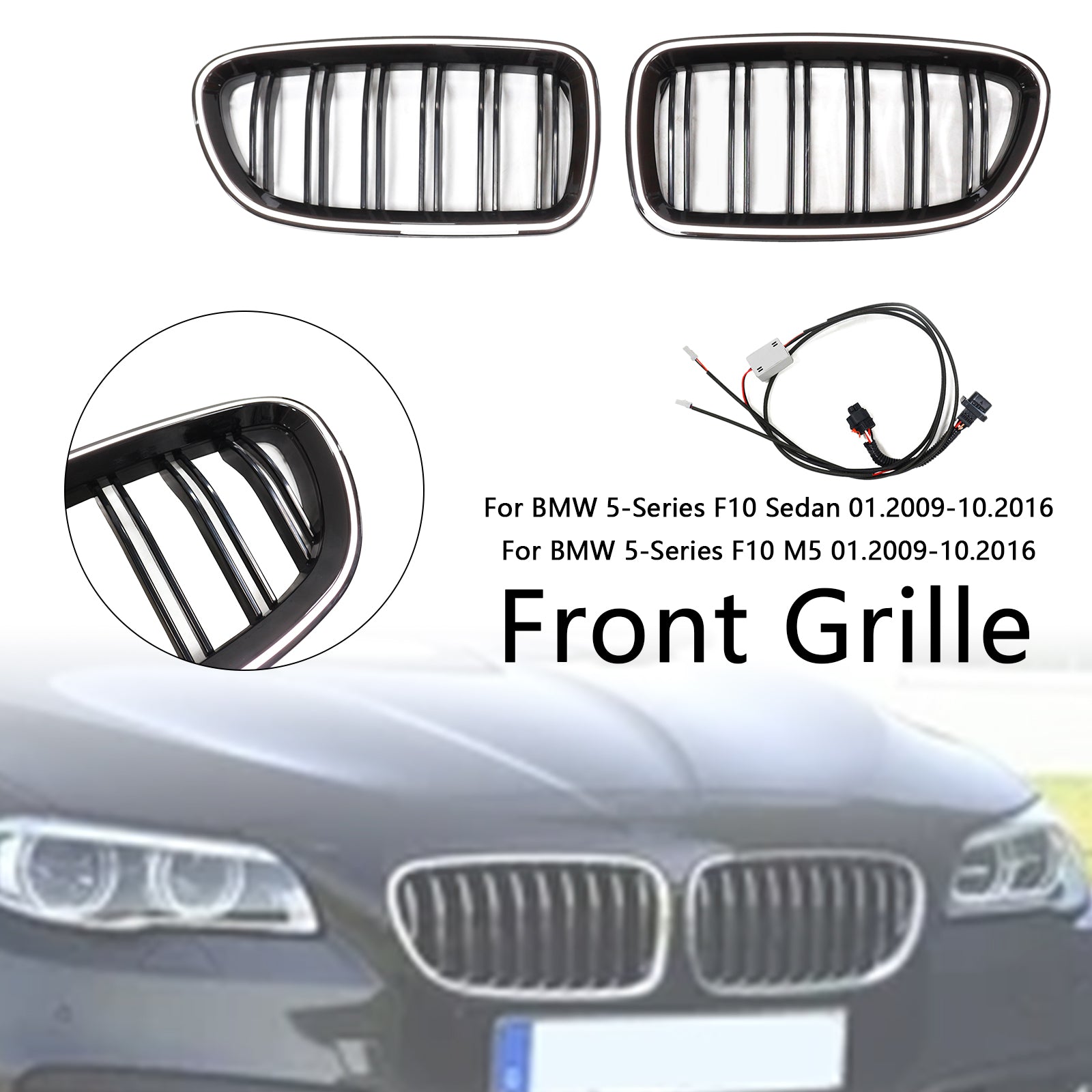 Rejilla de parachoques tipo riñón compatible con BMW Serie 5 F10 F11 2010-2016 en negro brillante