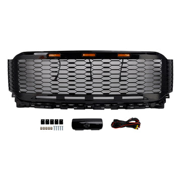 Replacement ABS Front Bumper Grille Gloss Black Grill Fit Ford F150 2021-2023 Raptor W/ LED