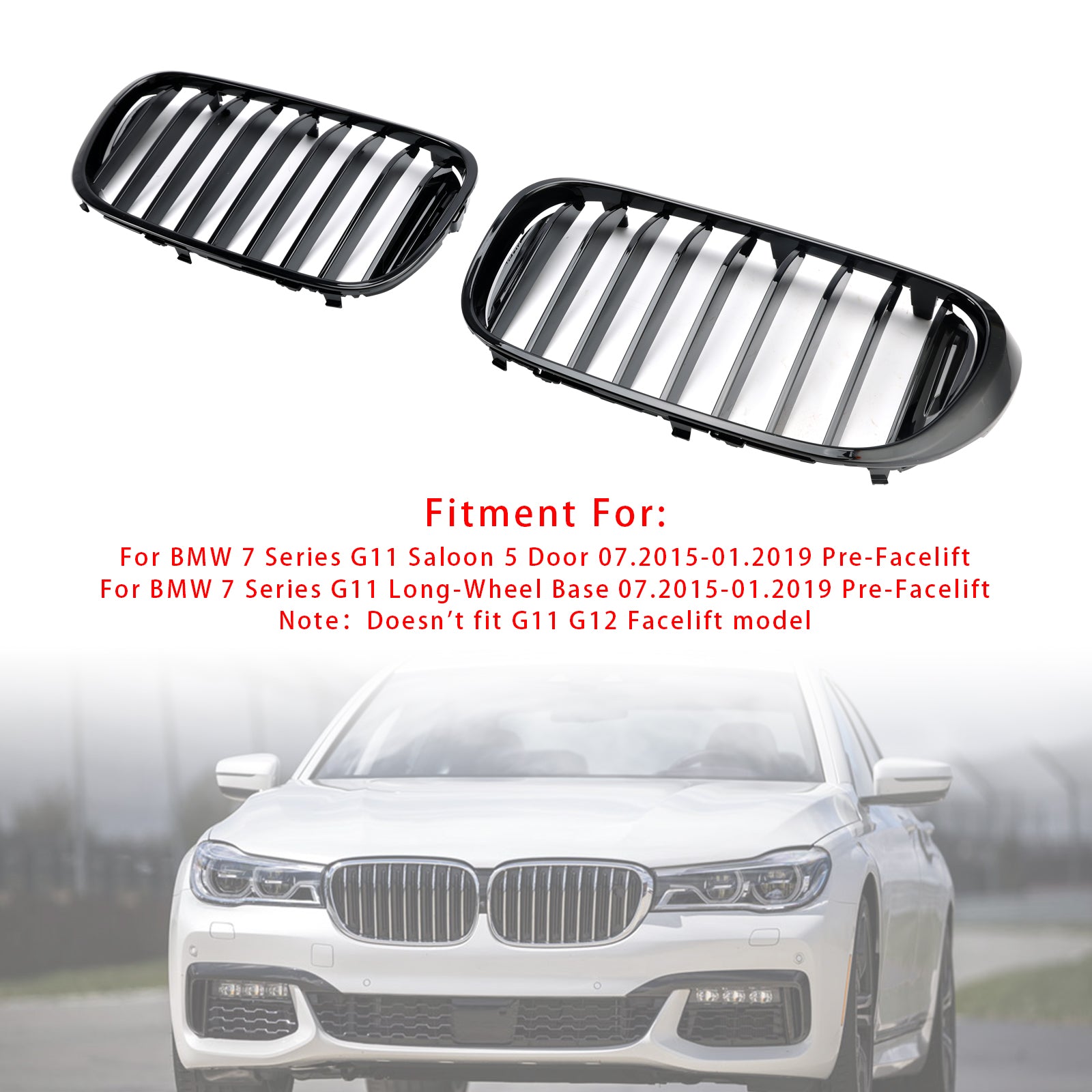 2015-2019 BMW 7 Series G12 Long-WheelBase 740Li/750Li/740Ld xDrive/760Li Front Kidney Grille Gloss Black Grill