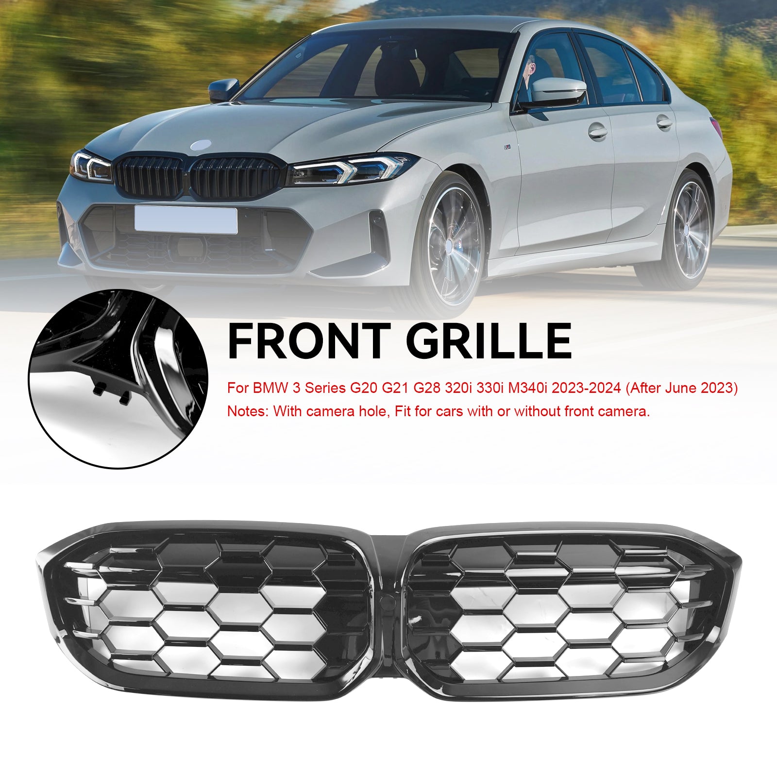 Calandre avant noire brillante pour BMW Série 3 G20 G21 320i/330i/M340i/318i/320d 2023.6-2024