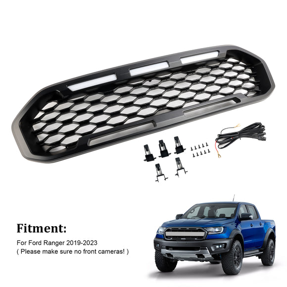 Ford Ranger 2019-2023 Grille de pare-chocs avant Raptor/Nid d'abeille/Grille noire de style maille avec 3 lumières LED blanches