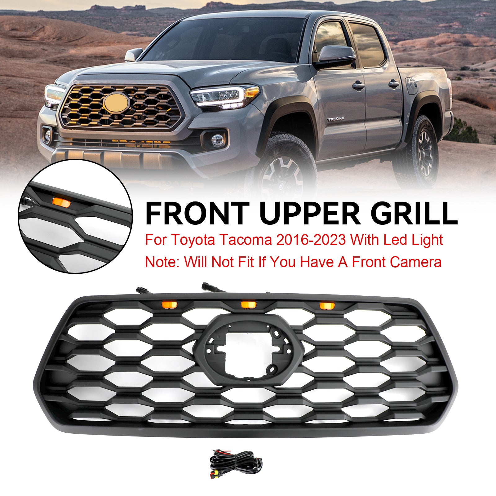 Grille de pare-chocs avant de remplacement pour Toyota Tacoma 2016-2023 avec éclairage LED Grille noire