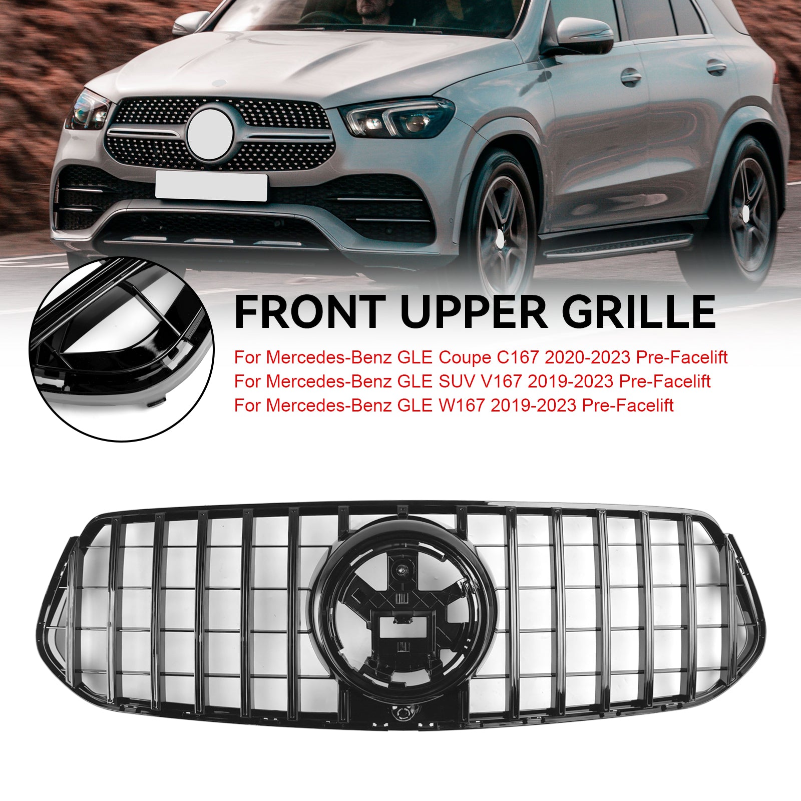 Mercedes-Benz GLE SUV V167 2019-2023 Pre-Facelift Parrilla delantera negra brillante Parrilla negra brillante