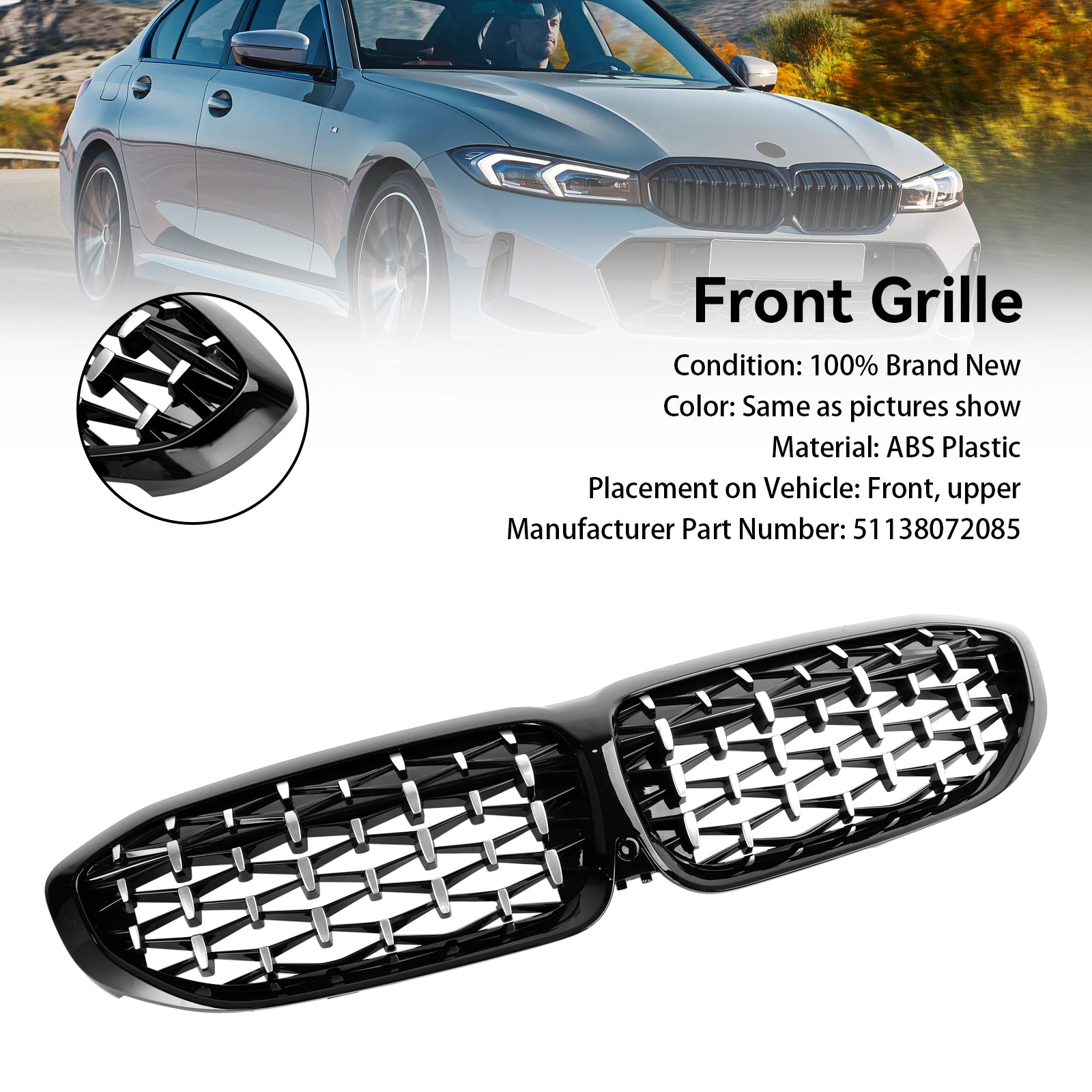 Parrilla tipo riñón con diseño de diamante para BMW Serie 3 G20 320i/330i/320d/M340i/318i/330e 2019-2022