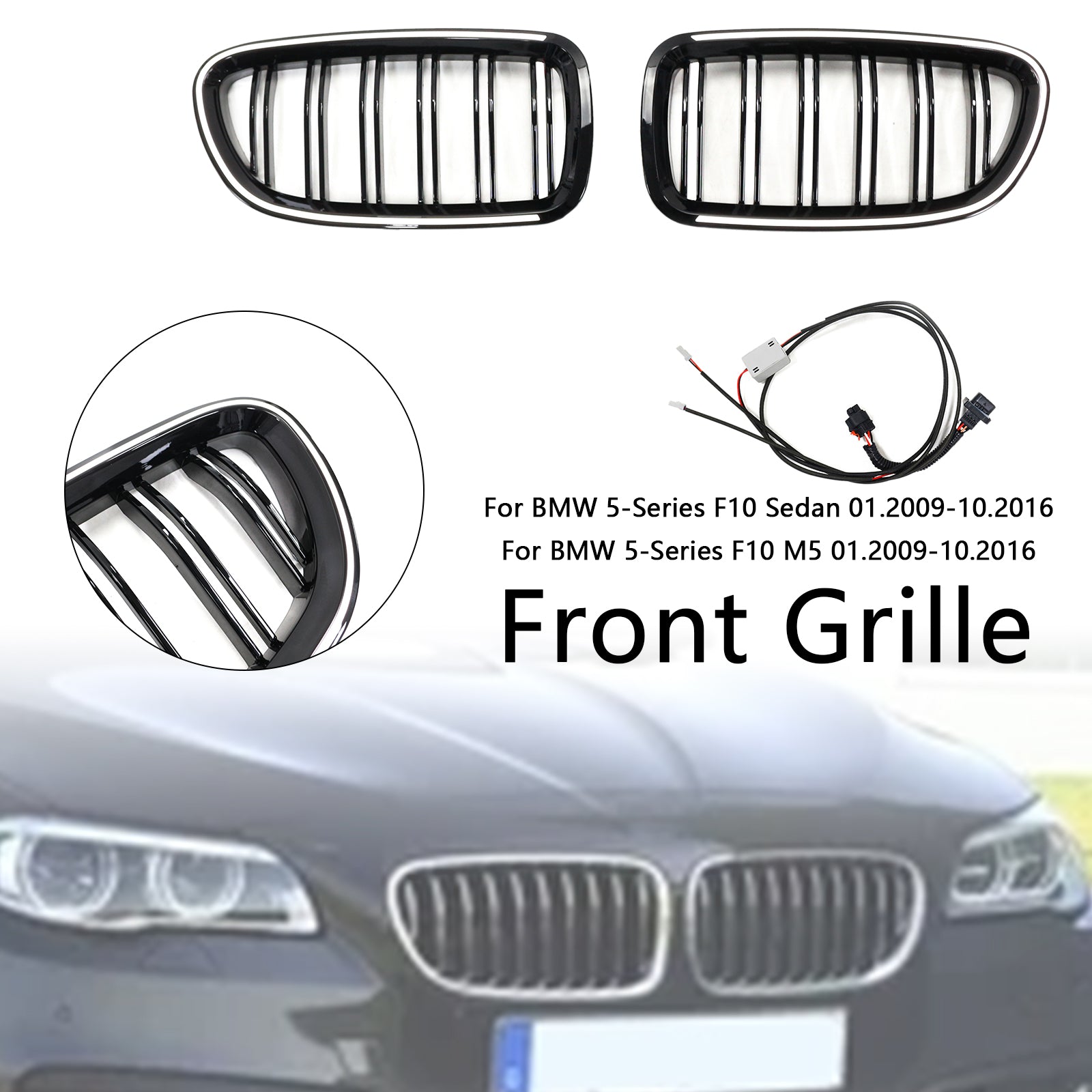 Kidney Bumper Grille Grill Fit BMW 5 Series F10 F11 2010-2016 Gloss Black