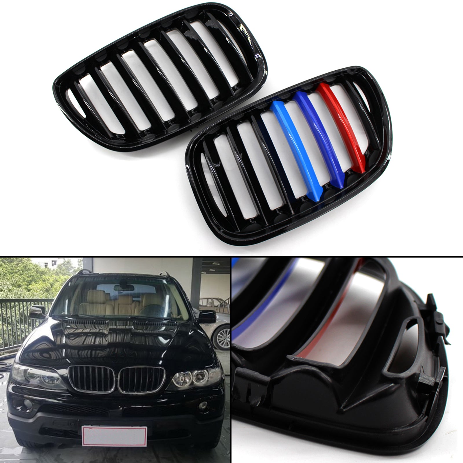 Calandre avant de remplacement pour BMW X5 E53 3.0i/4.4i/3.0d/4.8is 2004-2006, noir brillant/couleur M