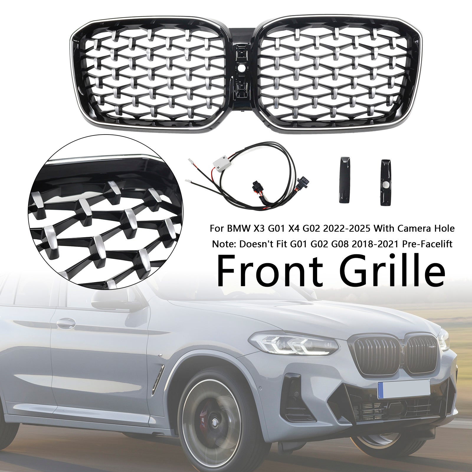 2022-2025 BMW X3 G01 / X4 G02 Chrome Diamond Black Kidney Grill Front Bumper Replacement Grille With LED Strip Light