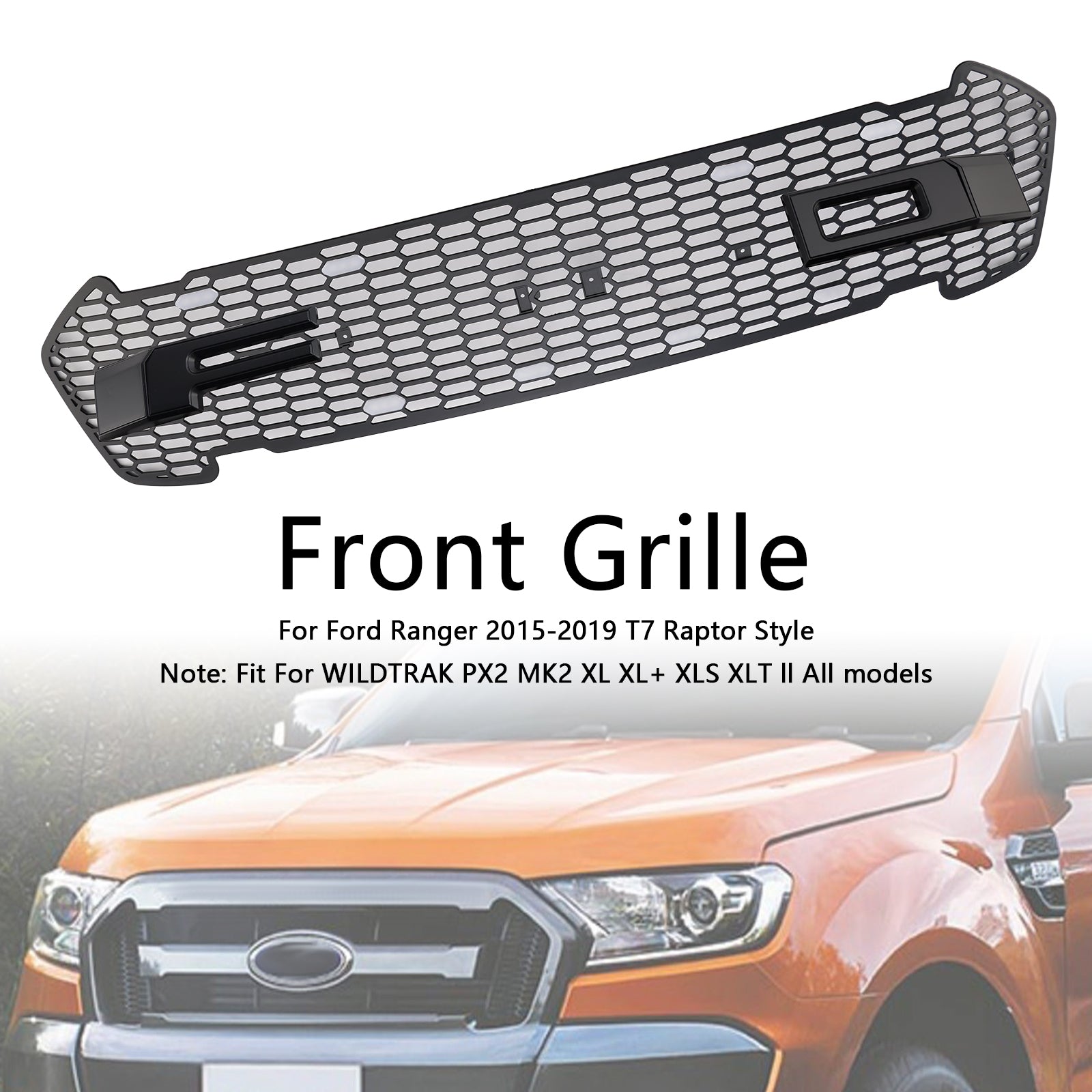 Matte Black Front Bumper Grill Grille Fit Ford Ranger 2015-2019 T7 W/LED