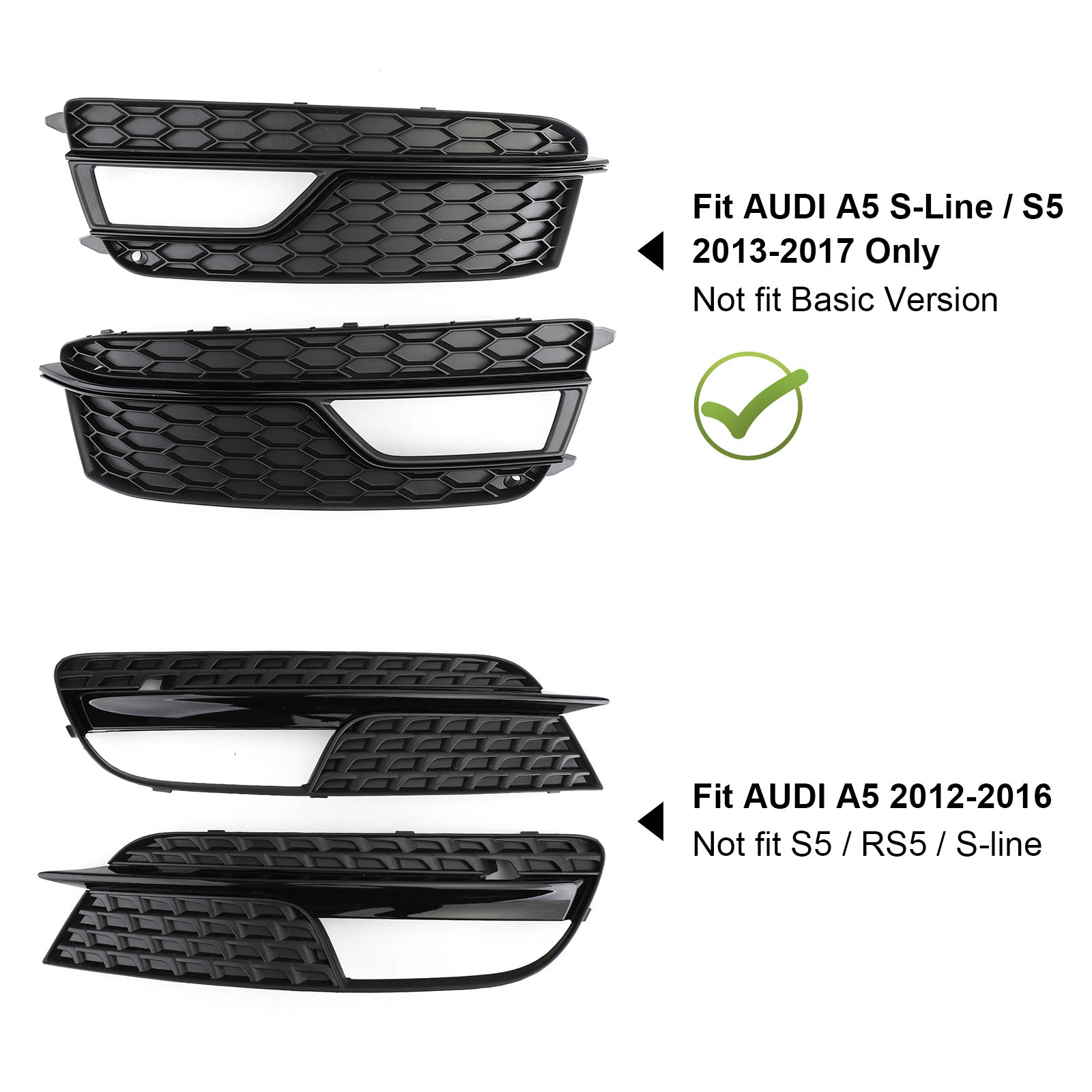 2013-2016 Audi A5 S-Line / S5 Pair Front Fog Lamp Black Trim Grills Grill Generic