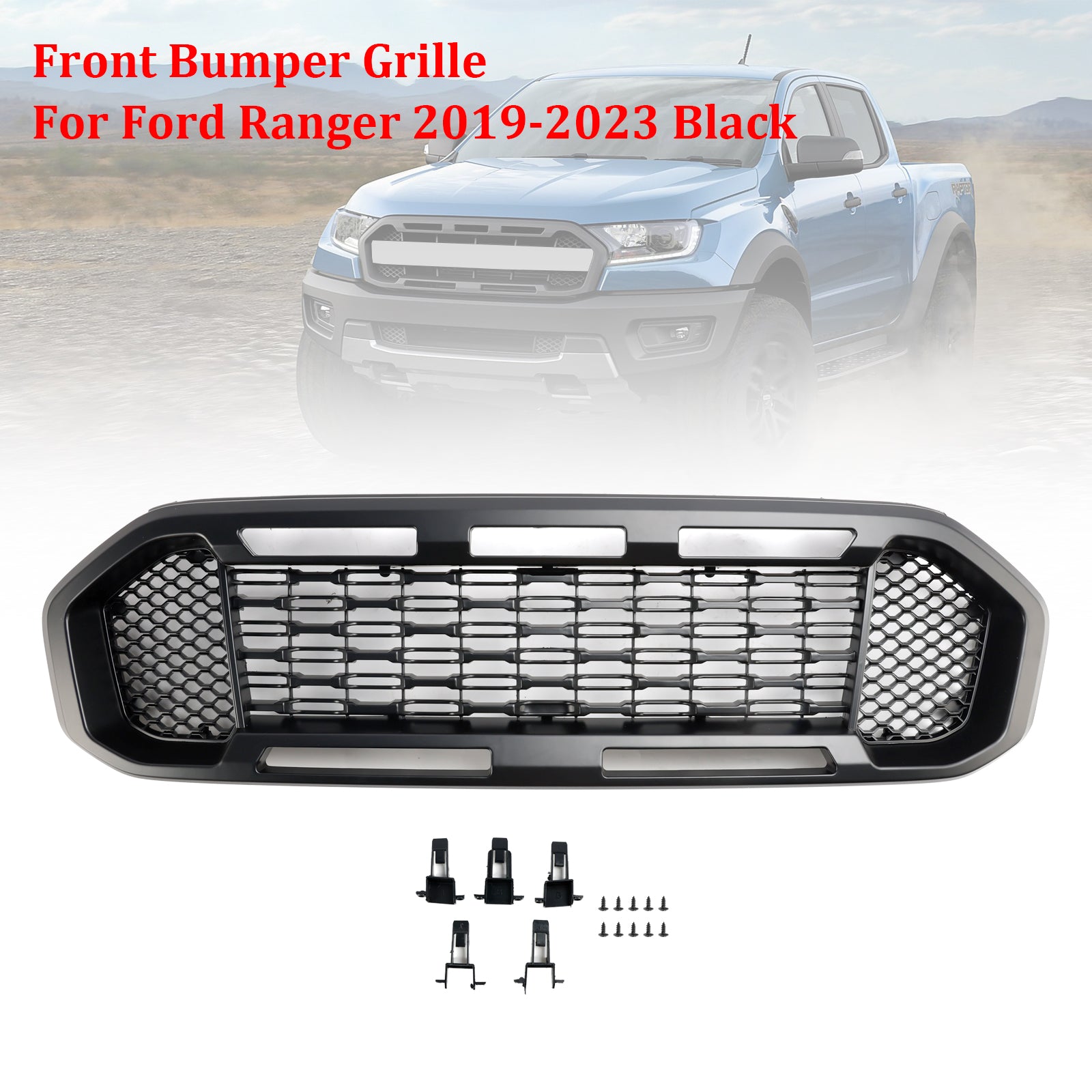 Grille de pare-chocs avant Ford Ranger 2019-2023 Style Raptor / Nid d'abeille / Grille noire en maille - 0