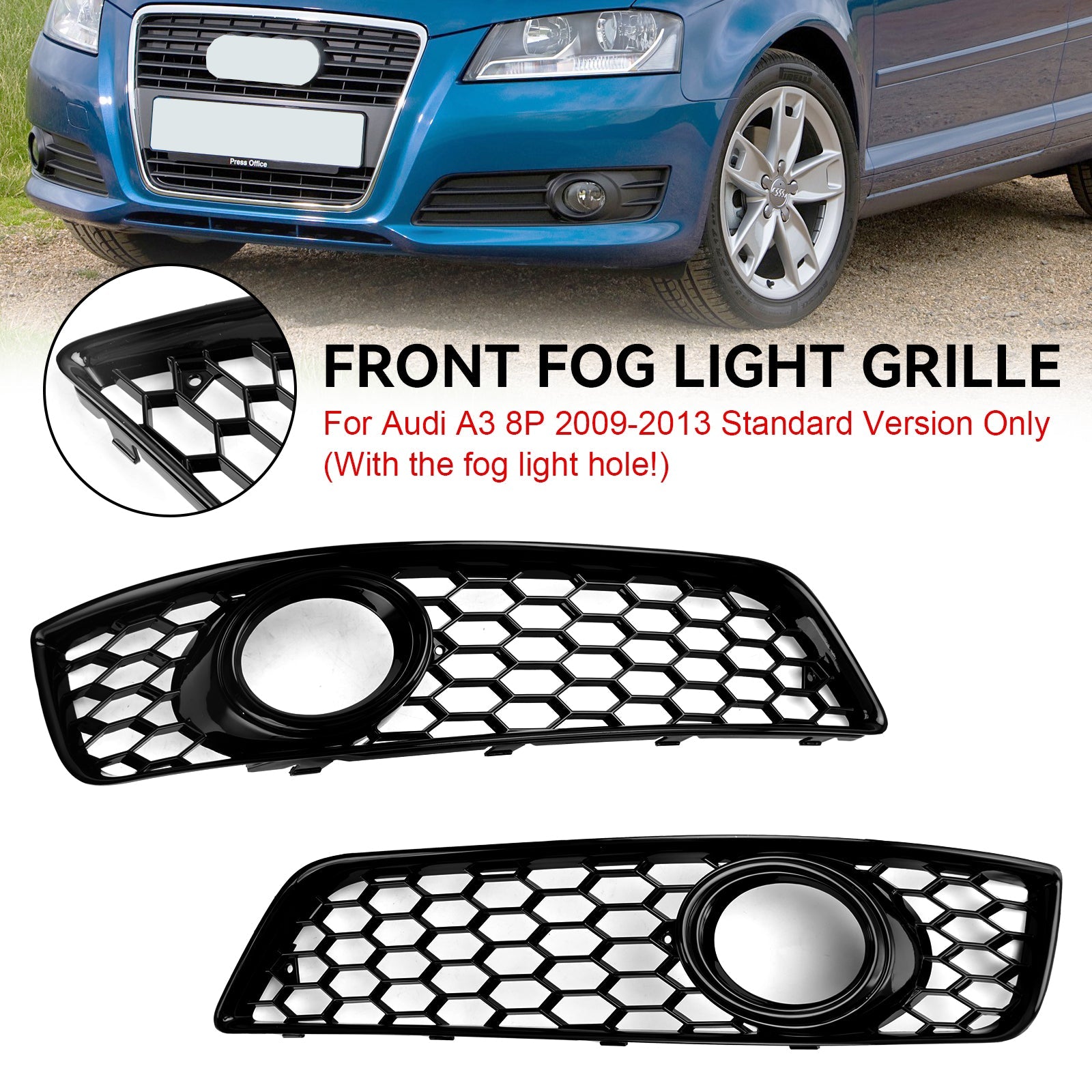 2009-2013 Audi A3 8P Standard Version Honeycomb Bumper Front Fog Light Grill Grille Cover