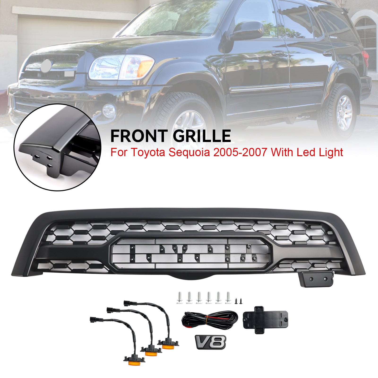 2005-2007 Toyota Sequoia Front Bumper Grill  Matte Black Grille W/ LED