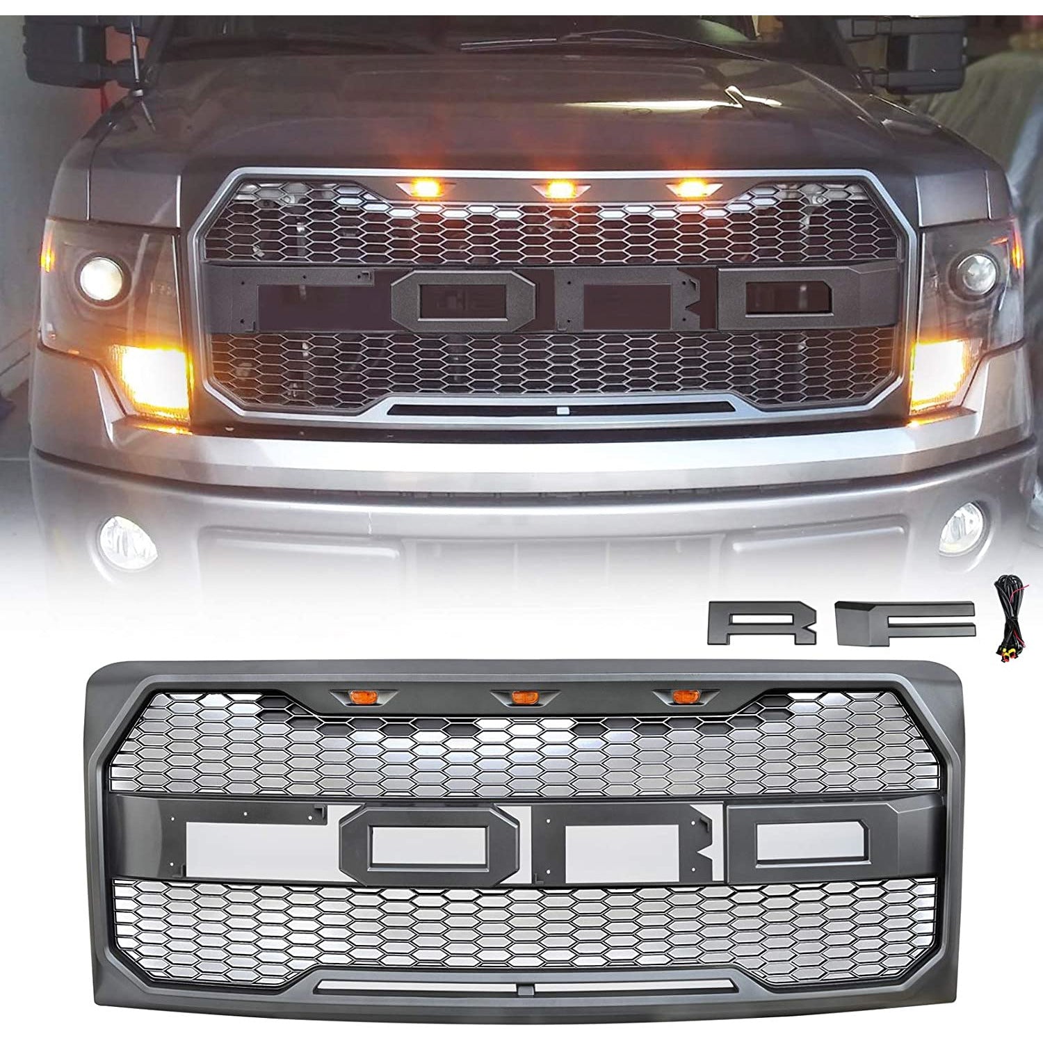 Calandre de remplacement Ford F150 XLT/Lariat/King Ranch/FX4 2009-2014 avec grille de style Raptor gris noir à LED