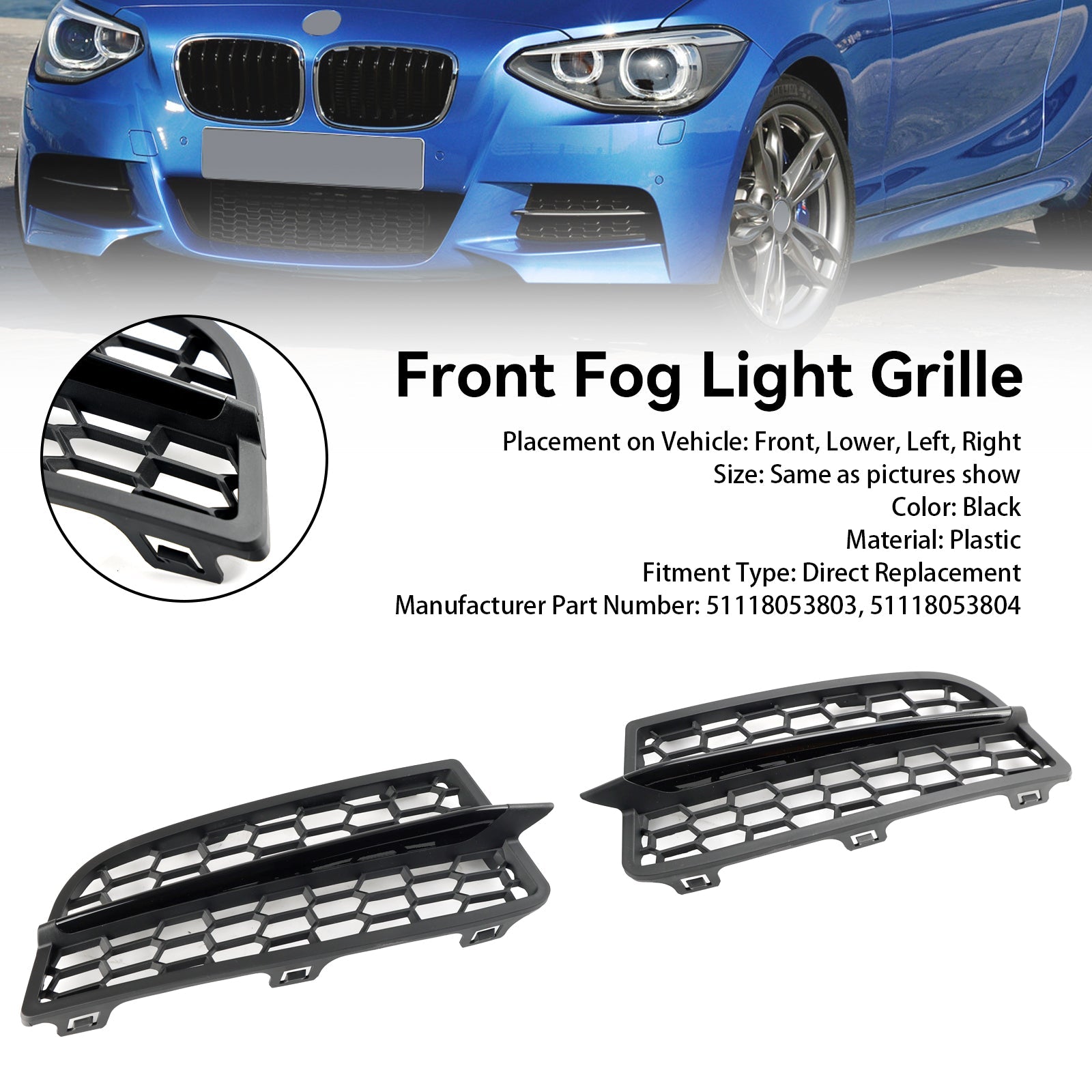 BMW 2011-2015 1-Series F20 F21 M 2PCS Front Bumper Fog Light Cover Bezel Grill Grille