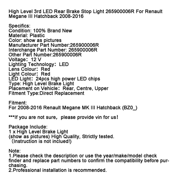 Hochwertiges 3. LED-Bremslicht hinten 265900006R für Renault Megane III Schrägheck