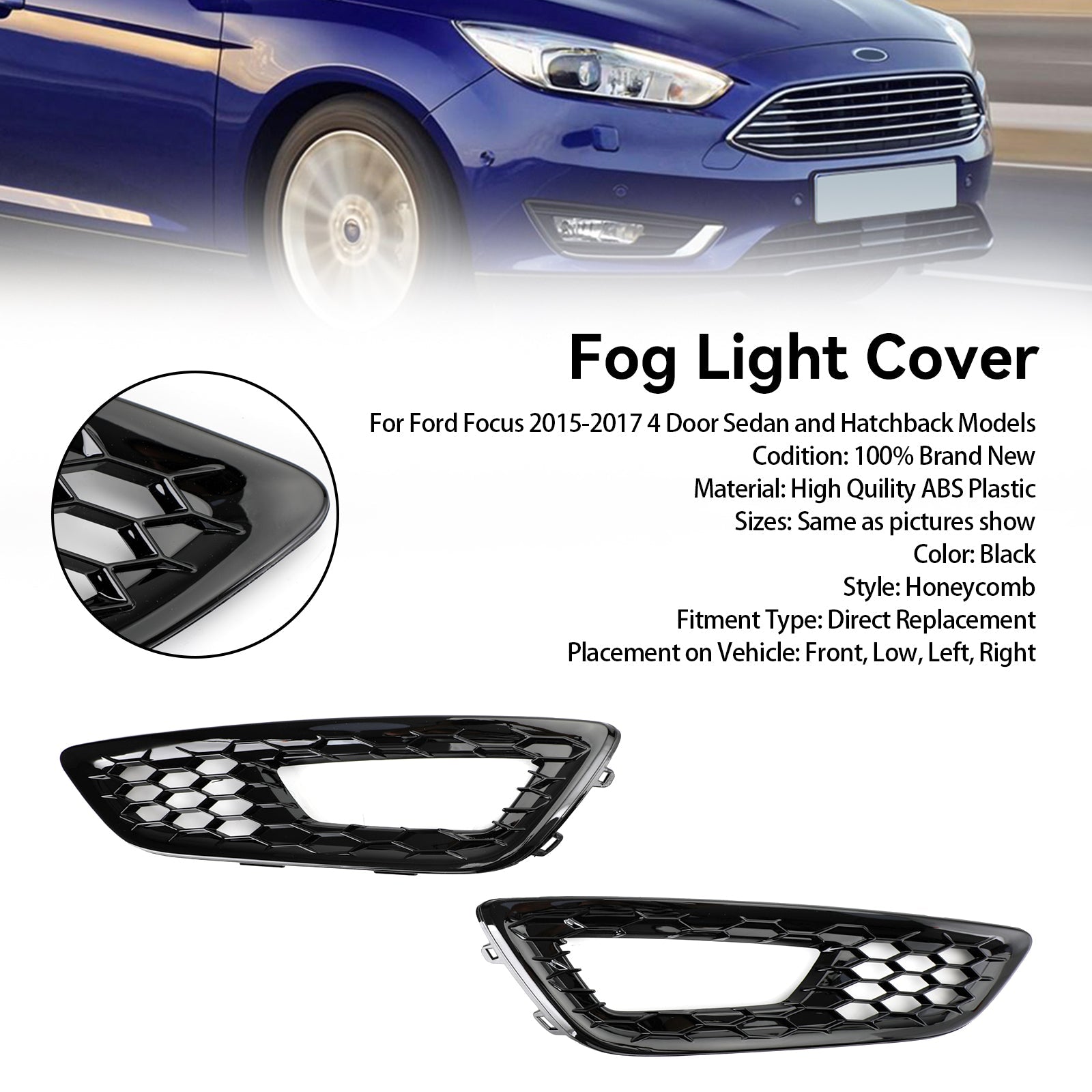 Ford 2015-2017 Focus F1EZ15200A F1EZ15201A Pair Front Bumper Fog Light Lamp Cover Bezel Grill