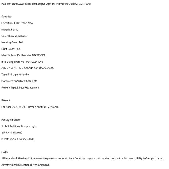 Hinten links untere Heckbremsstoßstangenleuchte 80A945069 für Audi Q5 2018–2021