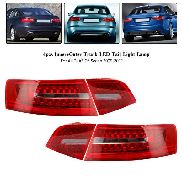 4pcs Inner+Outer Trunk LED Tail Light Lamp For AUDI A6 C6 Sedan 2009-2011
