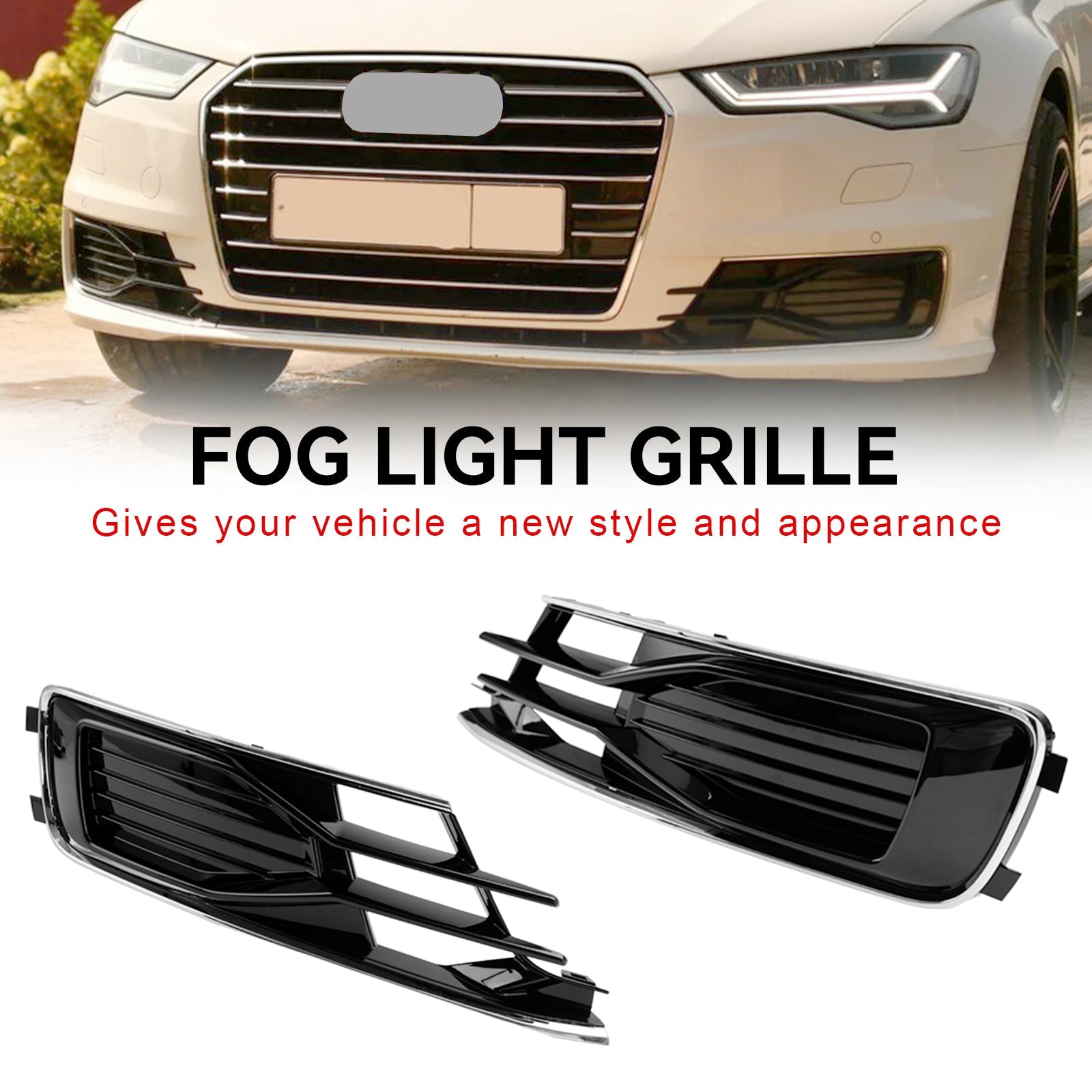 Audi 2014-2018 A6 C7 4G0807647T94 4G0807648T94 2PCS Front Bumper Foglight Cover Grill Black Chrome