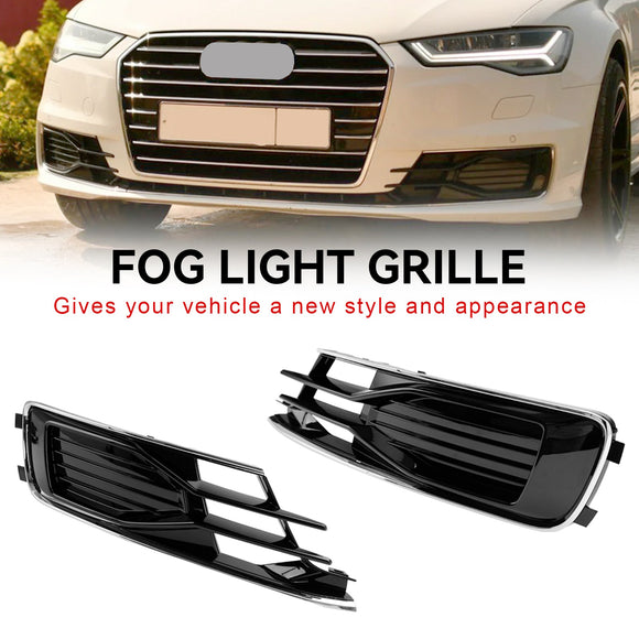 Audi A6 C7 2015-2016 4G0807647T94 4G0807648T94 2PCS Front Bumper Foglight Cover Grill Black Chrome