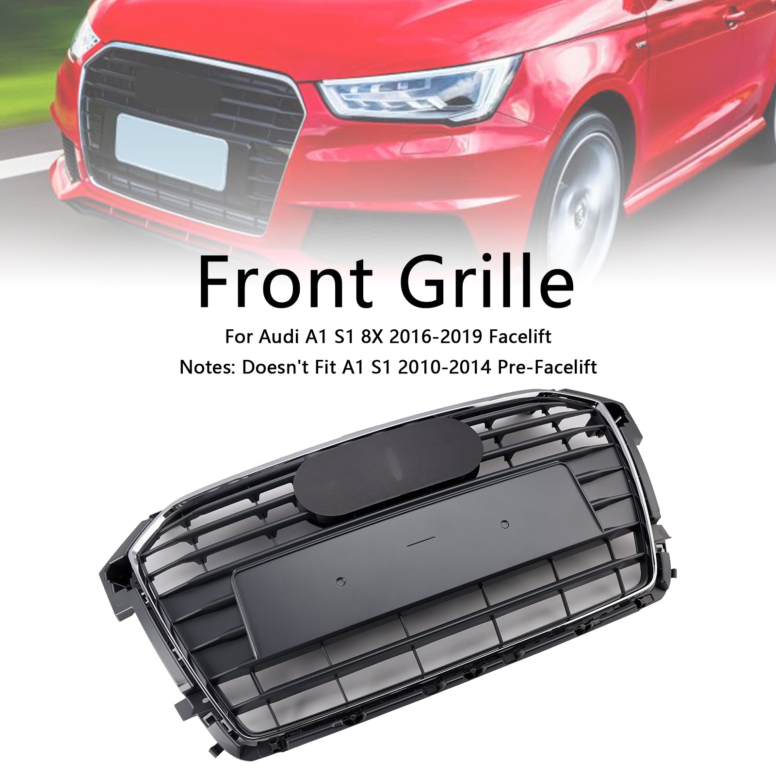 Rejilla de parachoques delantera cromada compatible con Audi A1 S1 2016-2019 MK1 Facelift