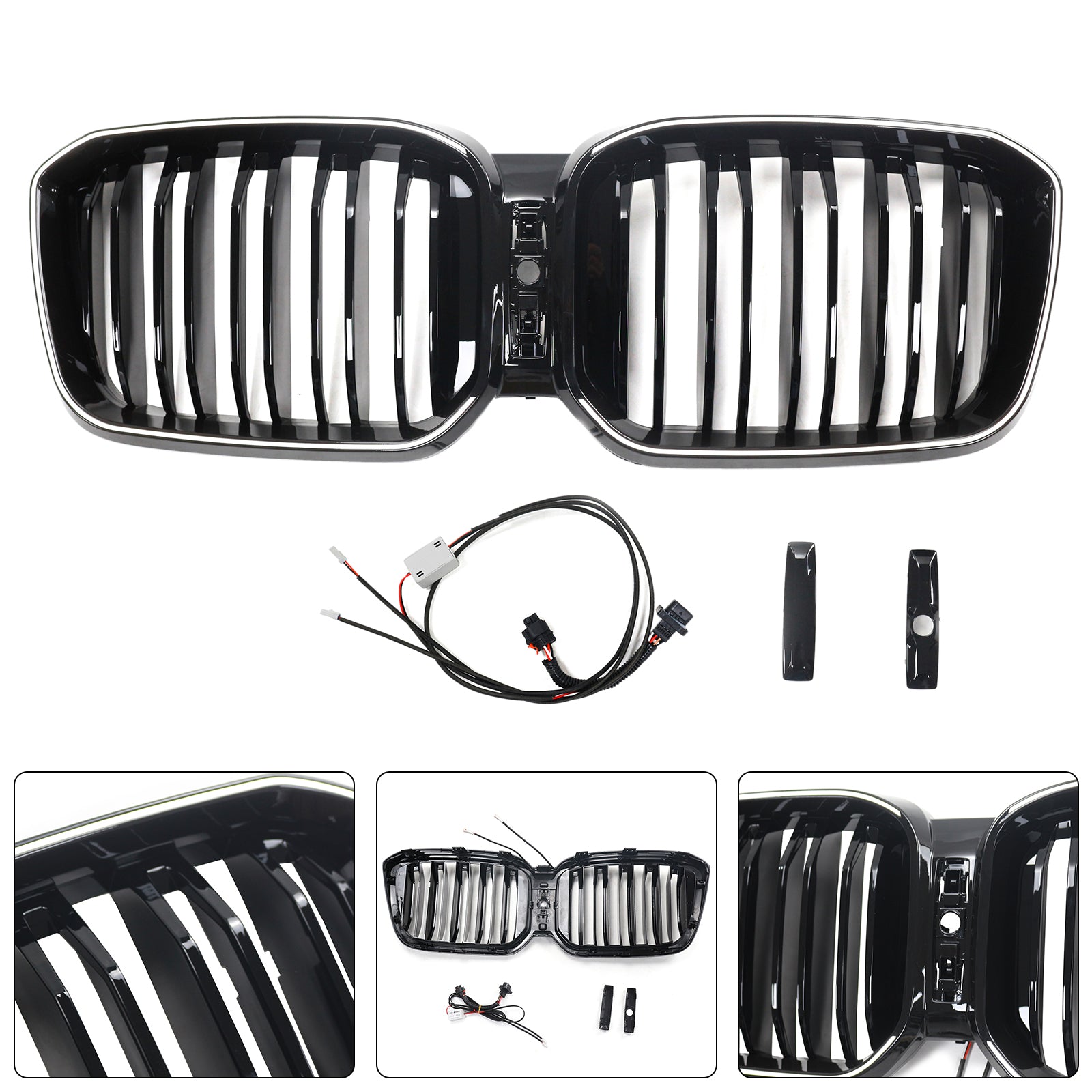 2022-2025 BMW X3 G01 / X4 G02 Double Slat Glossy Black Grill Front Bumper Kidney Replacement Grille With LED Strip Light