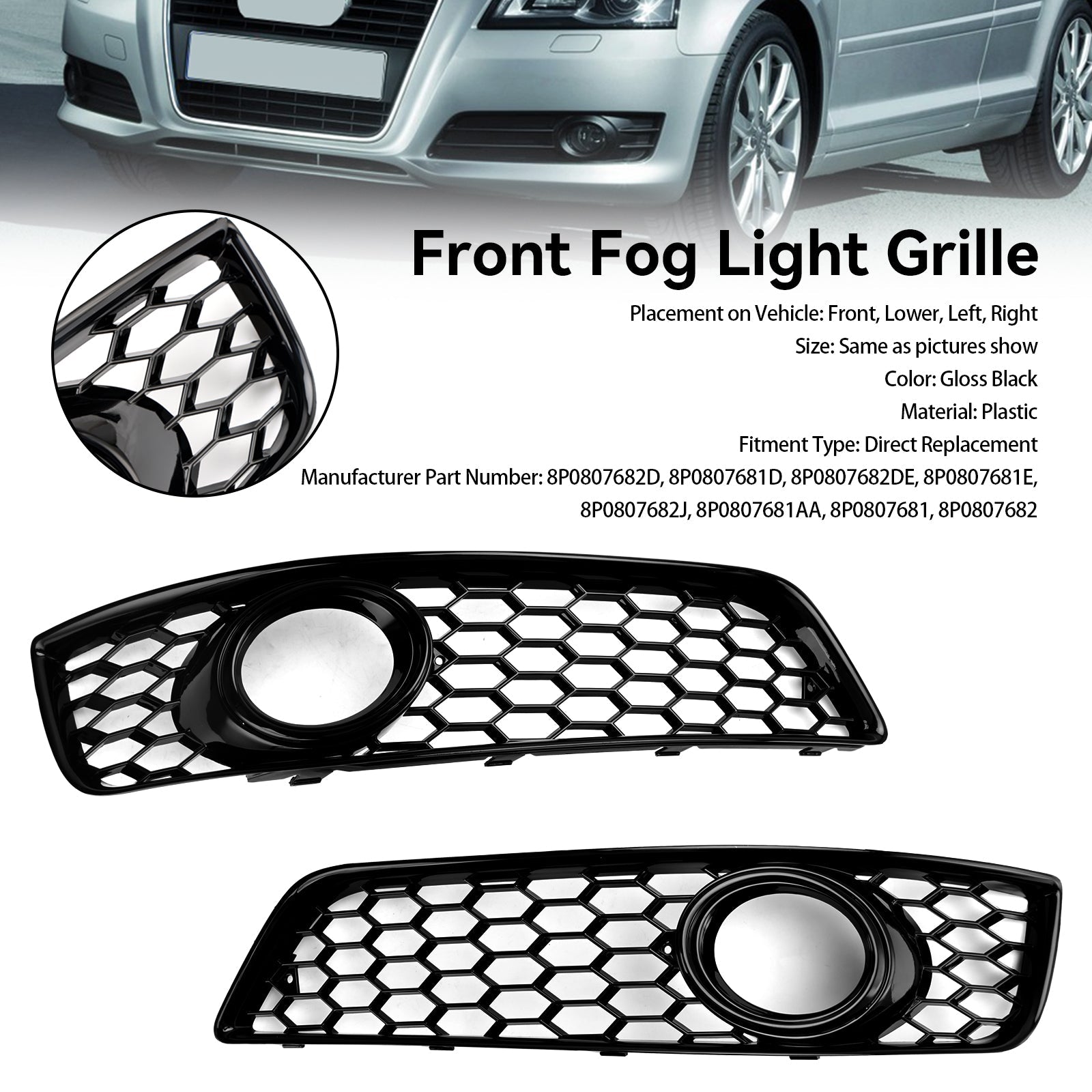 2009-2013 Audi A3 8P Standard Version Honeycomb Bumper Front Fog Light Grill Grille Cover