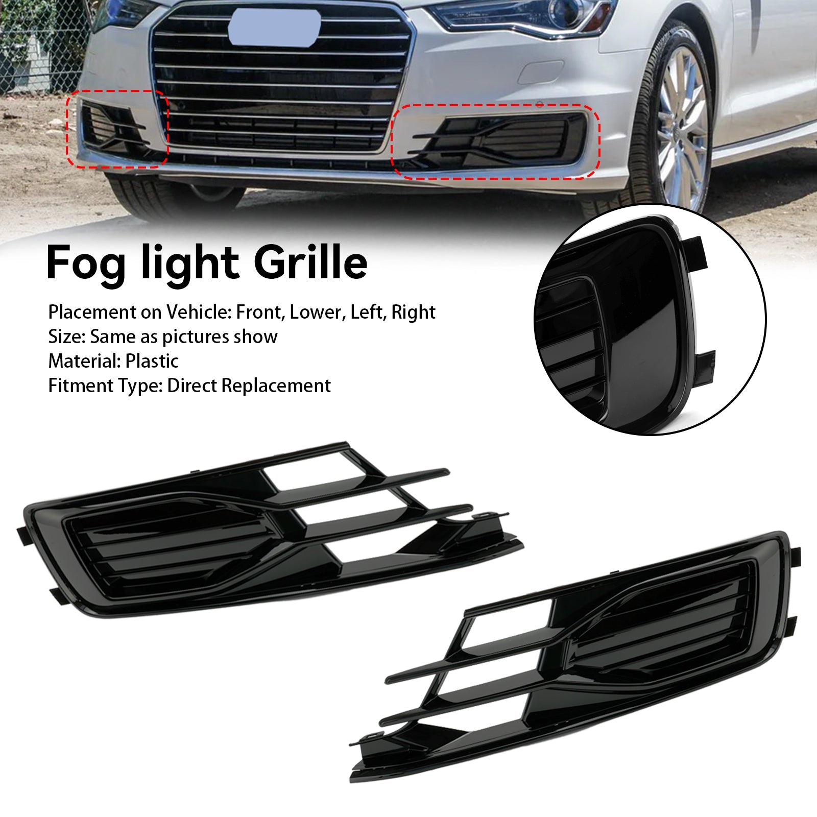 Audi 2014-2018 A6 C7 4G0807647T94 4G0807648T94 2PCS Front Bumper Foglight Cover Grill Grille Black