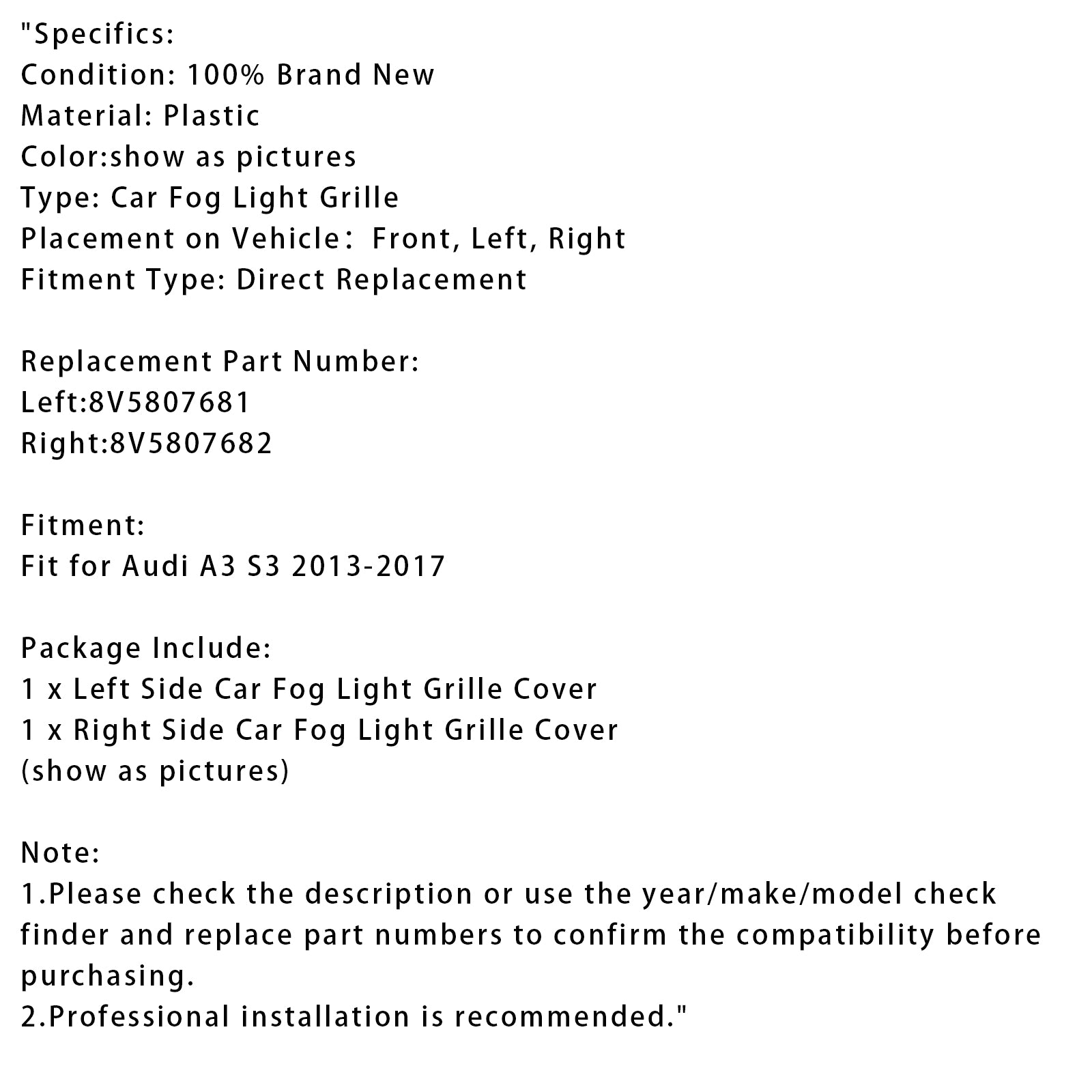 2x Auto vordere Stoßfänger Nebel-Lichtgrilles für Audi A3 S3 2013-2017