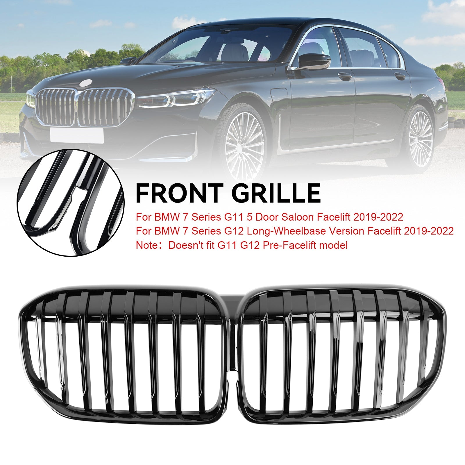 Calandre avant à lamelles simples pour BMW Série 7 G11 740i/750i/740e xDrive 2019-2022 Calandre noire brillante