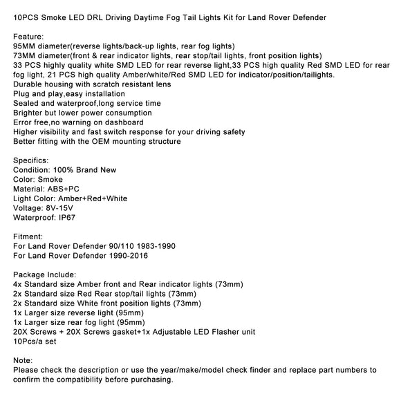 10-teiliges Rauch-LED-Tagfahrlicht-Nebelscheinwerfer-Set für Land Rover Defender
10-teiliges Rauch-LED-Tagfahrlicht-Nebelscheinwerfer-Set für Land Rover Defender