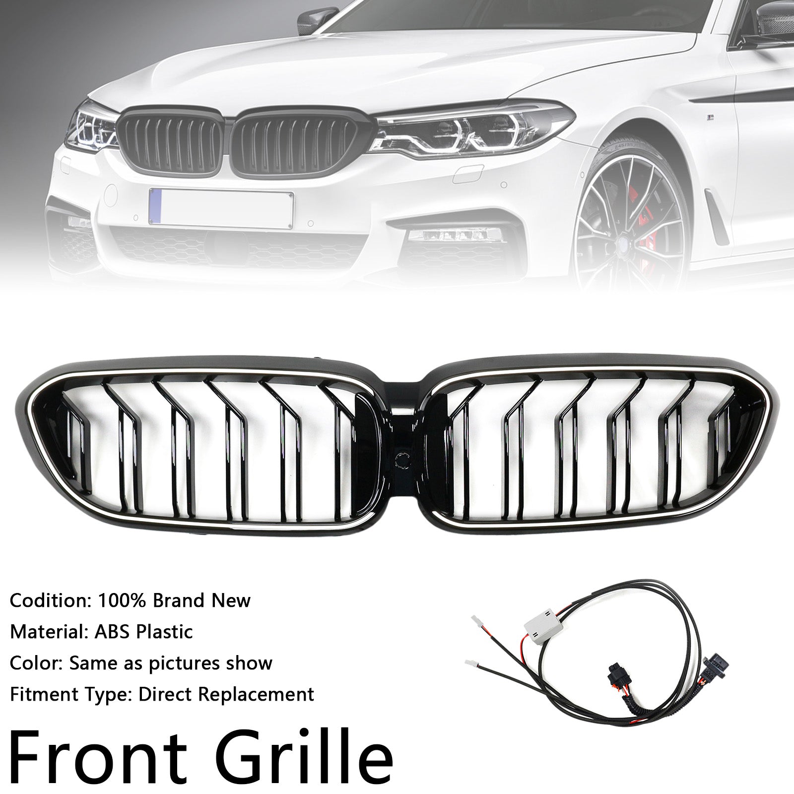 2017-2020 BMW 5 Series G30 G31 Double Slat Kidney Grille Front Bumper Replacement Grill With LED Strip