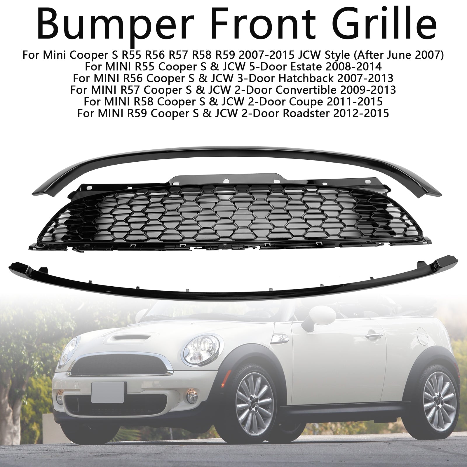 Grille de calandre avant de remplacement noire brillante pour Mini Cooper S R55 R56 R57 R58 R59 2007-2015 JCW Style 3 pièces