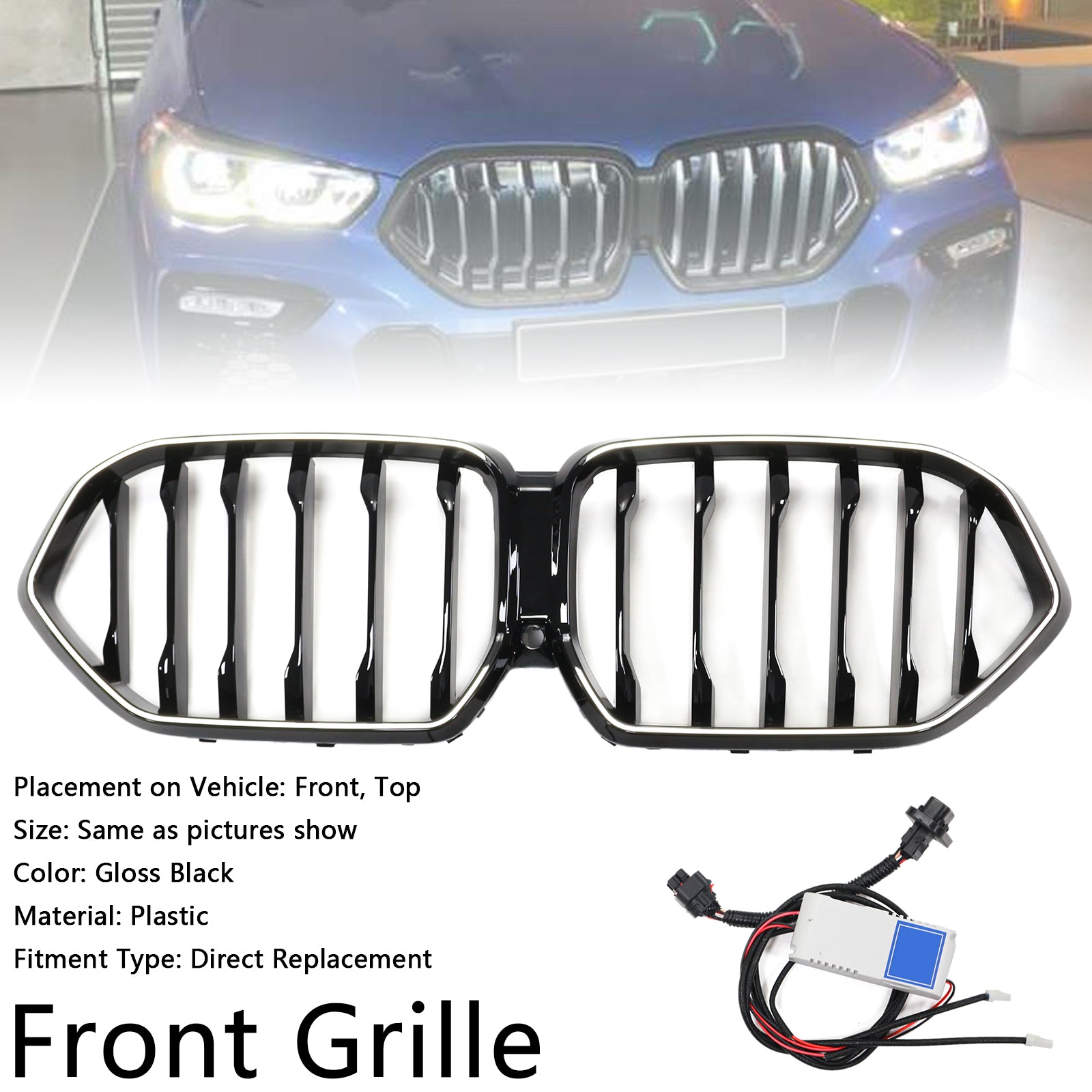 Black Front Bumper Grille Grill Fit BMW X6 G06 M50i 2020-2022 W/Camera Hole