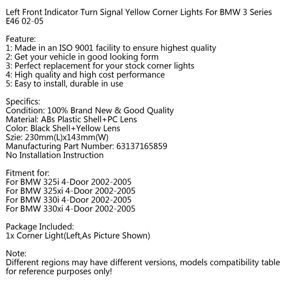 Luces de esquina amarillas de señal de giro delantera izquierda aptas para BMW Serie 3 E46 02-05