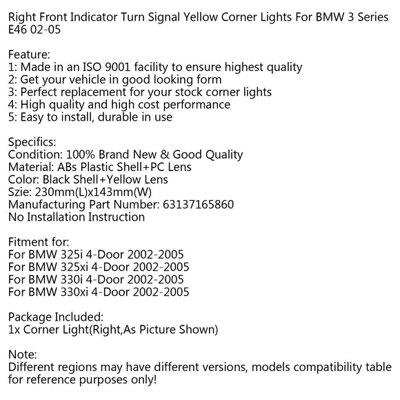 Indicador frontal derecho, señal de giro, luz de esquina amarilla, compatible con BMW Serie 3 E46 02-05