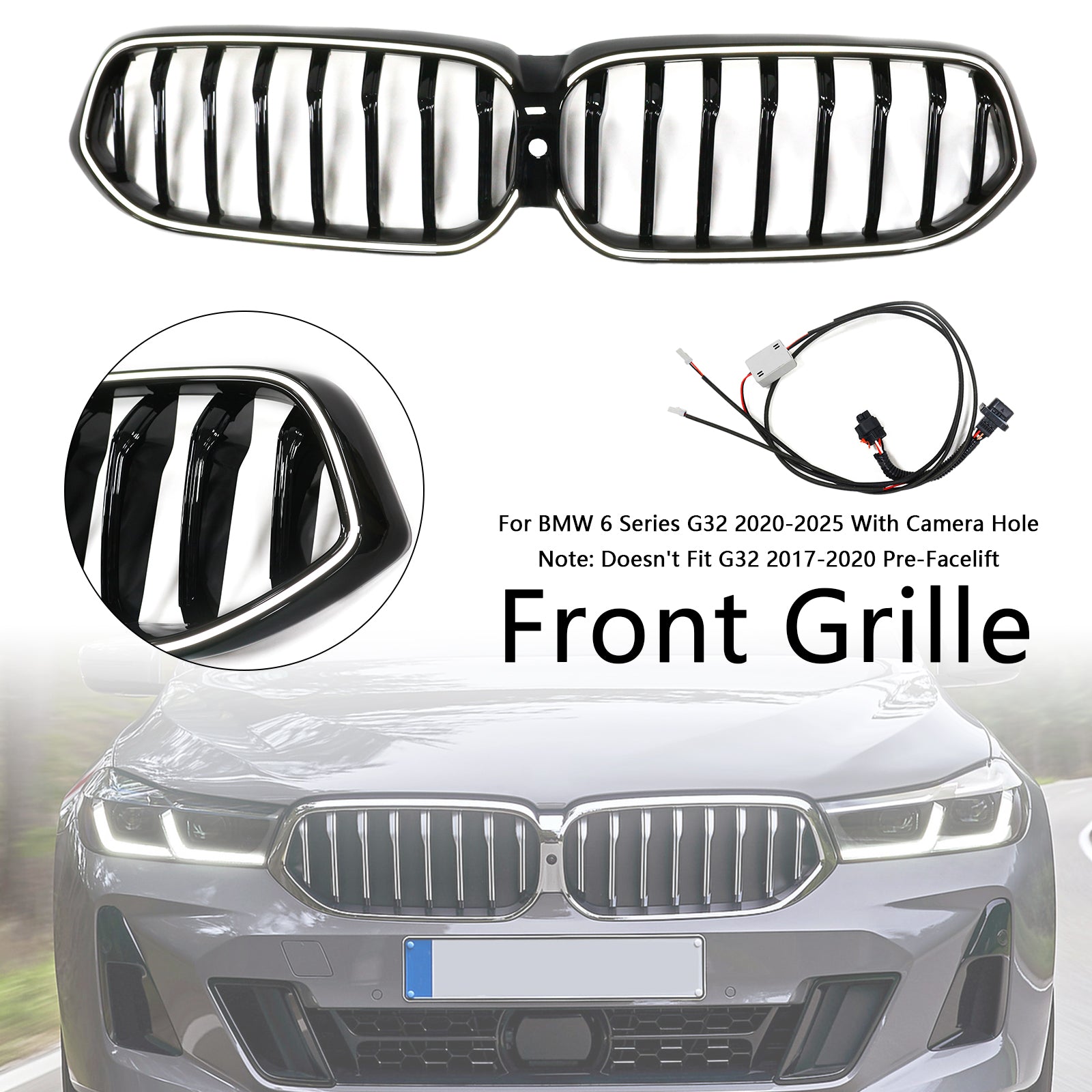 Glossy Black Front Kidney Grill Grille Fit BMW 6 Series G32 2020-2025