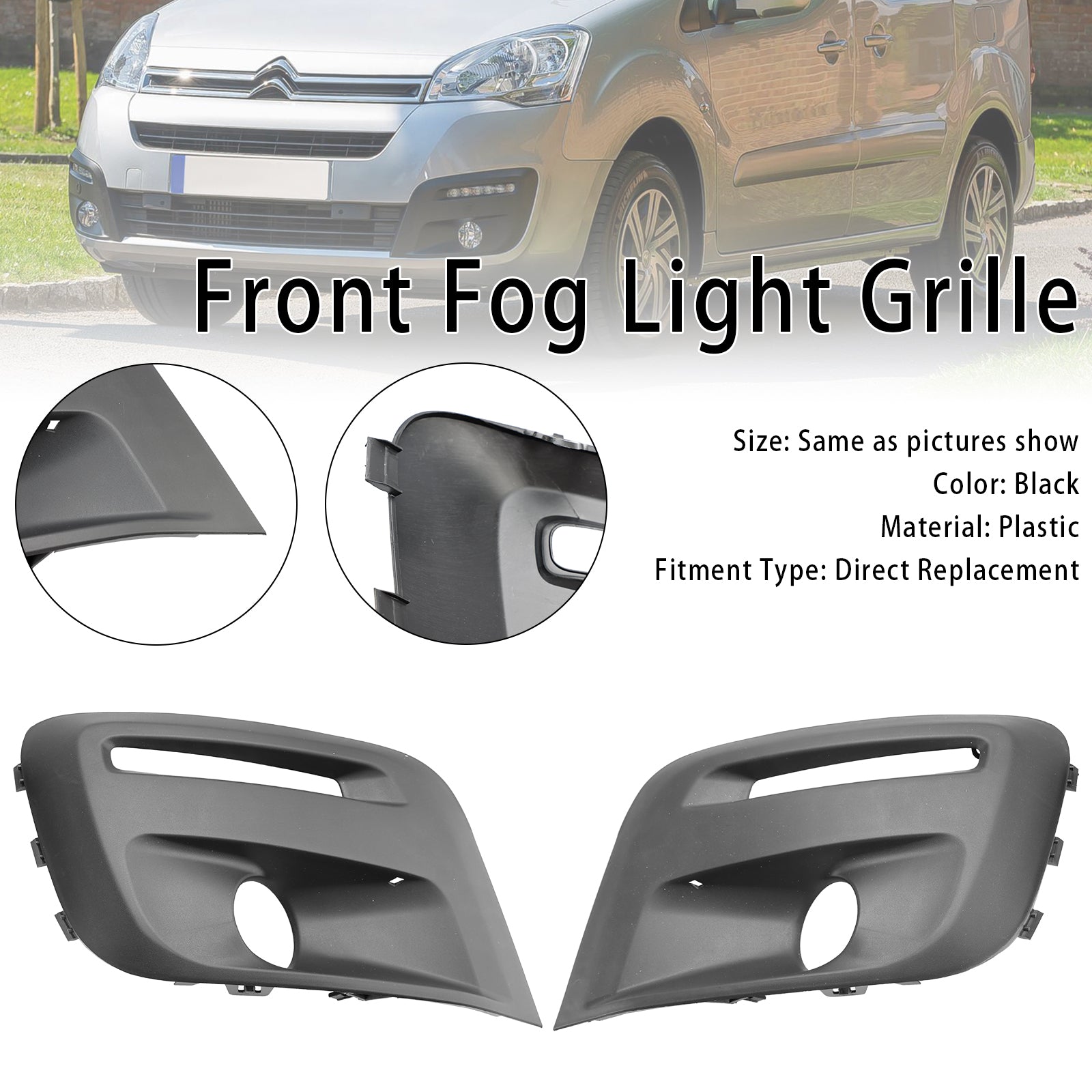 Grille de phare antibrouillard pour pare-chocs avant Citroën Berlingo 2015-2018 Grille noire