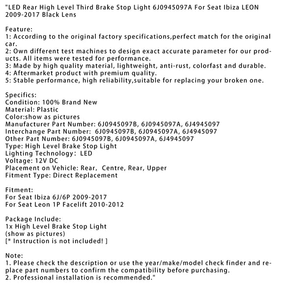 LED Achter Hoog Niveau Derde Rem Stoplicht 6J0945097A Voor Seat Ibiza 09-2017 BLK