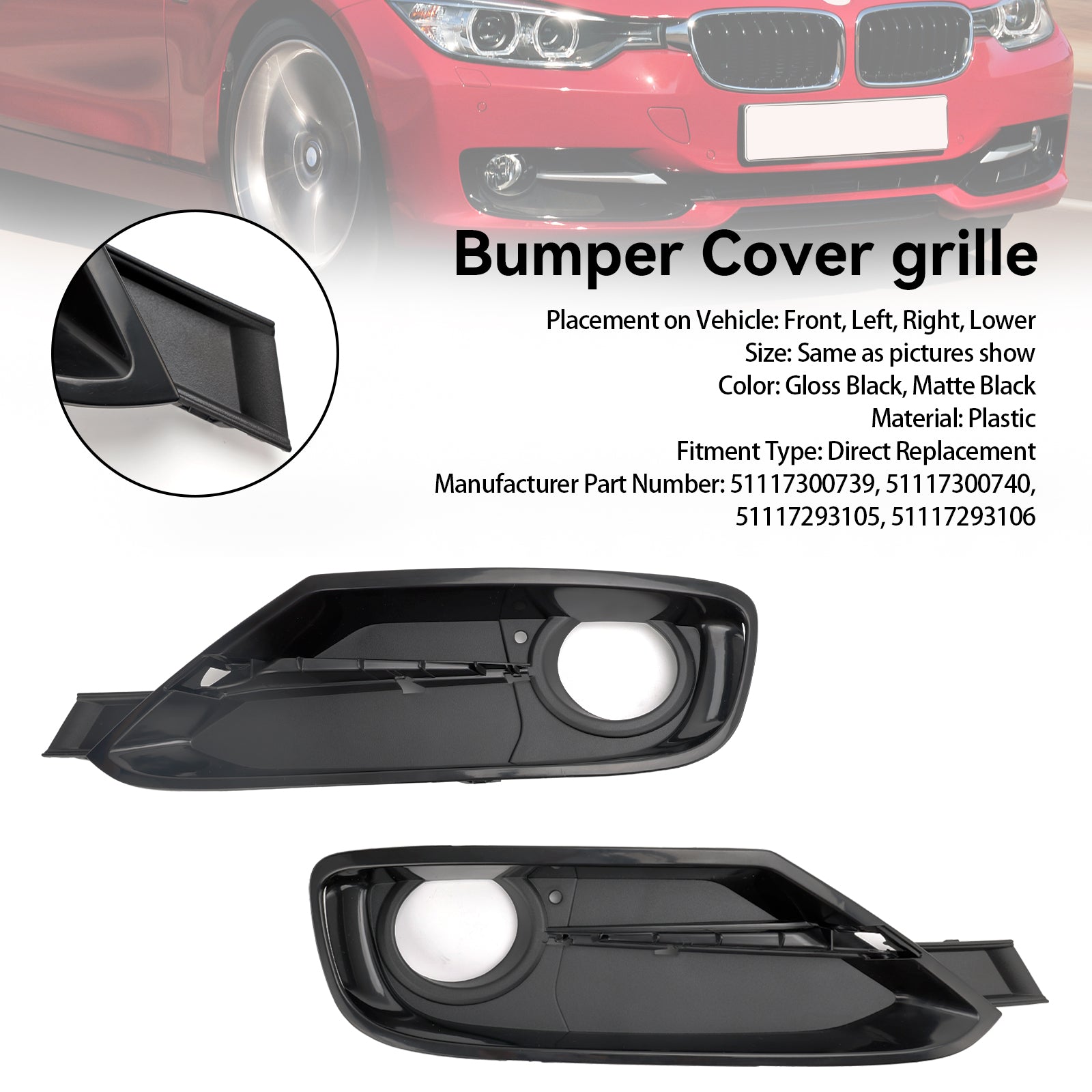 2013-2015 BMW Serie 3 320i 320i xDrive 2.0L L4-Gas 2 piezas de cubiertas de rejilla de luz antiniebla para parachoques delantero