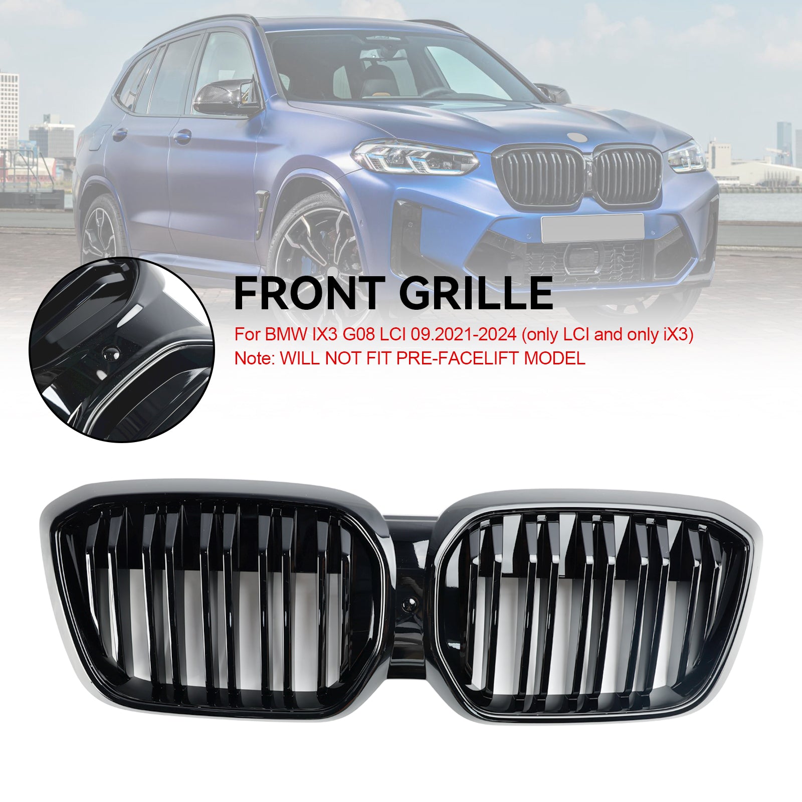 Calandre avant noire brillante pour BMW G08 LCI IX3 Premier Edition/M Sport/Pro2021-2024