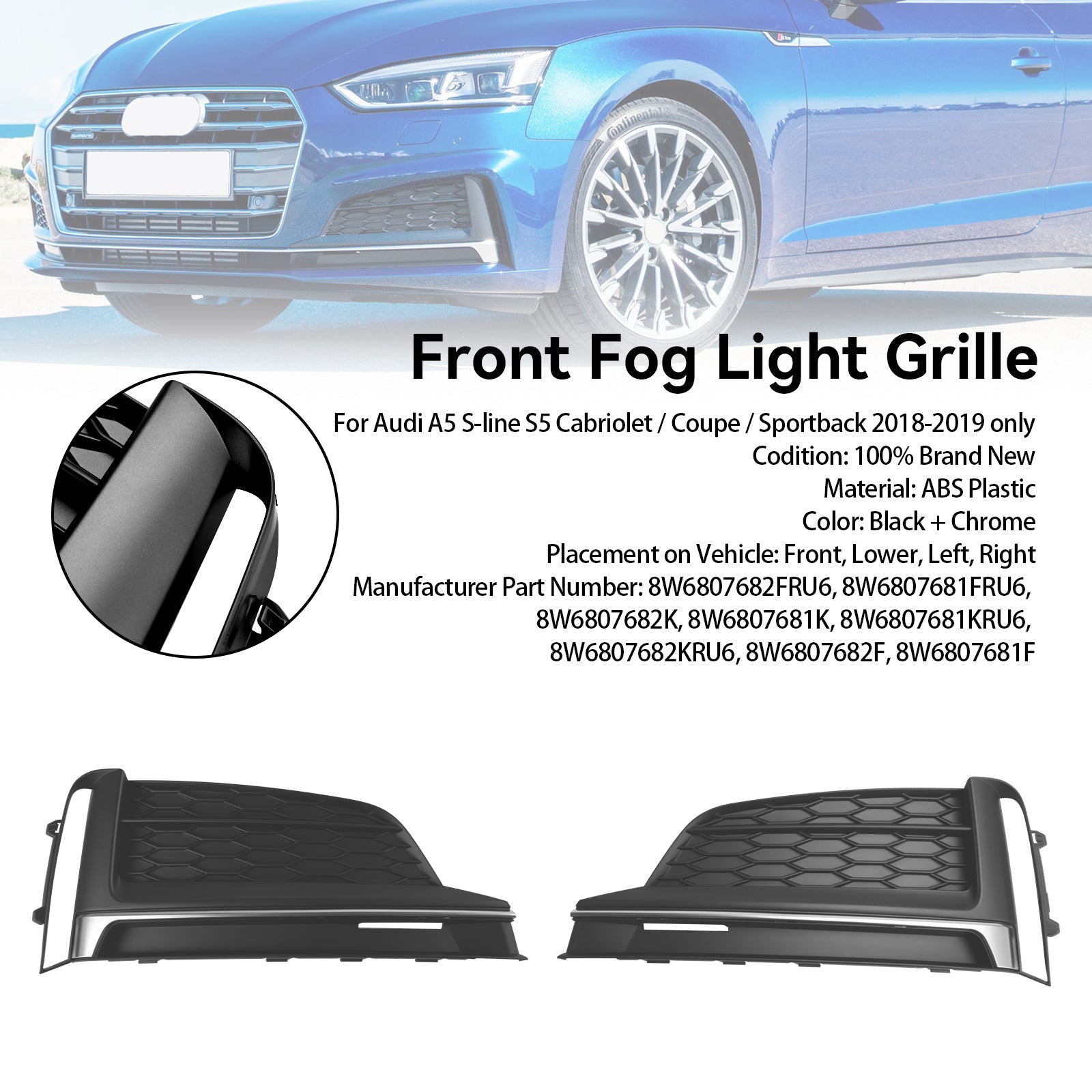 2 piezas de cubierta de rejilla de luz antiniebla para parachoques delantero Audi A5 S-Line S5 Cabriolet/Coupe/Sportback 2018-2019